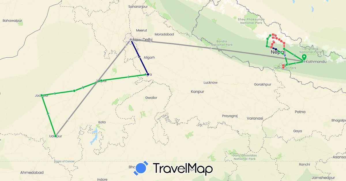 TravelMap itinerary: driving, bus, plane, cycling, hiking in India, Nepal (Asia)